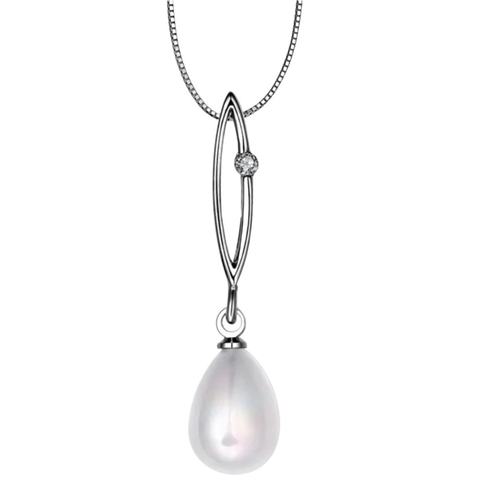 Platinum-Plated Copper Imitation Pearl Teardrop Pendant – Zircon Accents